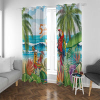 Colorful tropical window curtain panels with parrot, ocean, and lush palm leaves