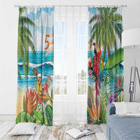 Colorful tropical window curtain with parrot motif and palm-leaf scene, hanging rings