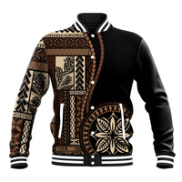 Black baseball jacket with tan siapo-style motif, snap front, striped ribbed collar