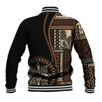 Black baseball jacket with tan siapo-style pattern on back, striped ribbed collar and hem