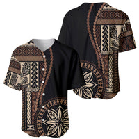 Men's black baseball jersey with siapo-style front and back tribal motifs, button-up short sleeves