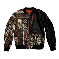 Black satin bomber jacket with Samoa-inspired motif front panel and ribbed hem cuffs