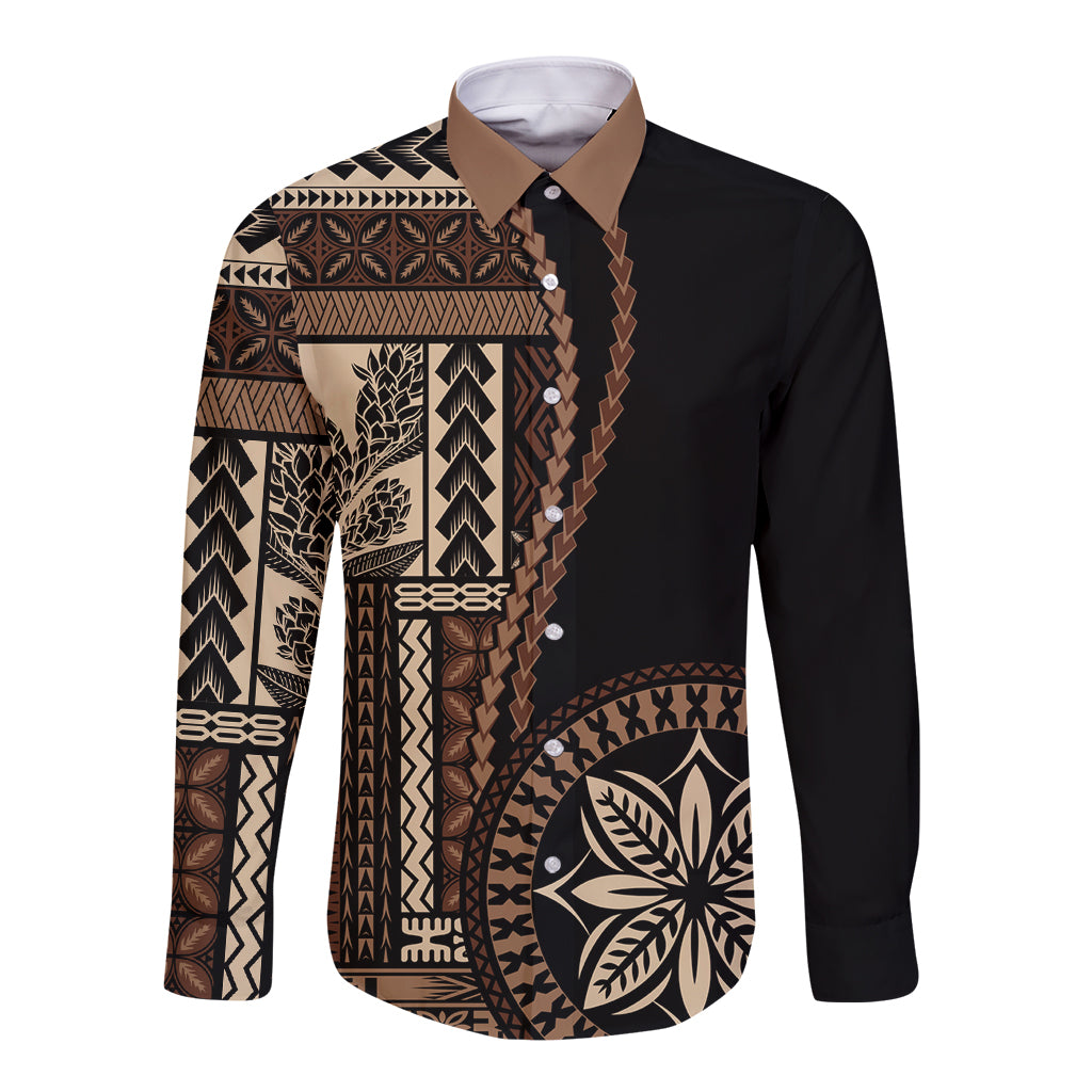 Black long-sleeve button shirt with Samoa siapo motif panel and chest leaf design