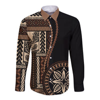Black long-sleeve button shirt with Samoa siapo motif panel and chest leaf design