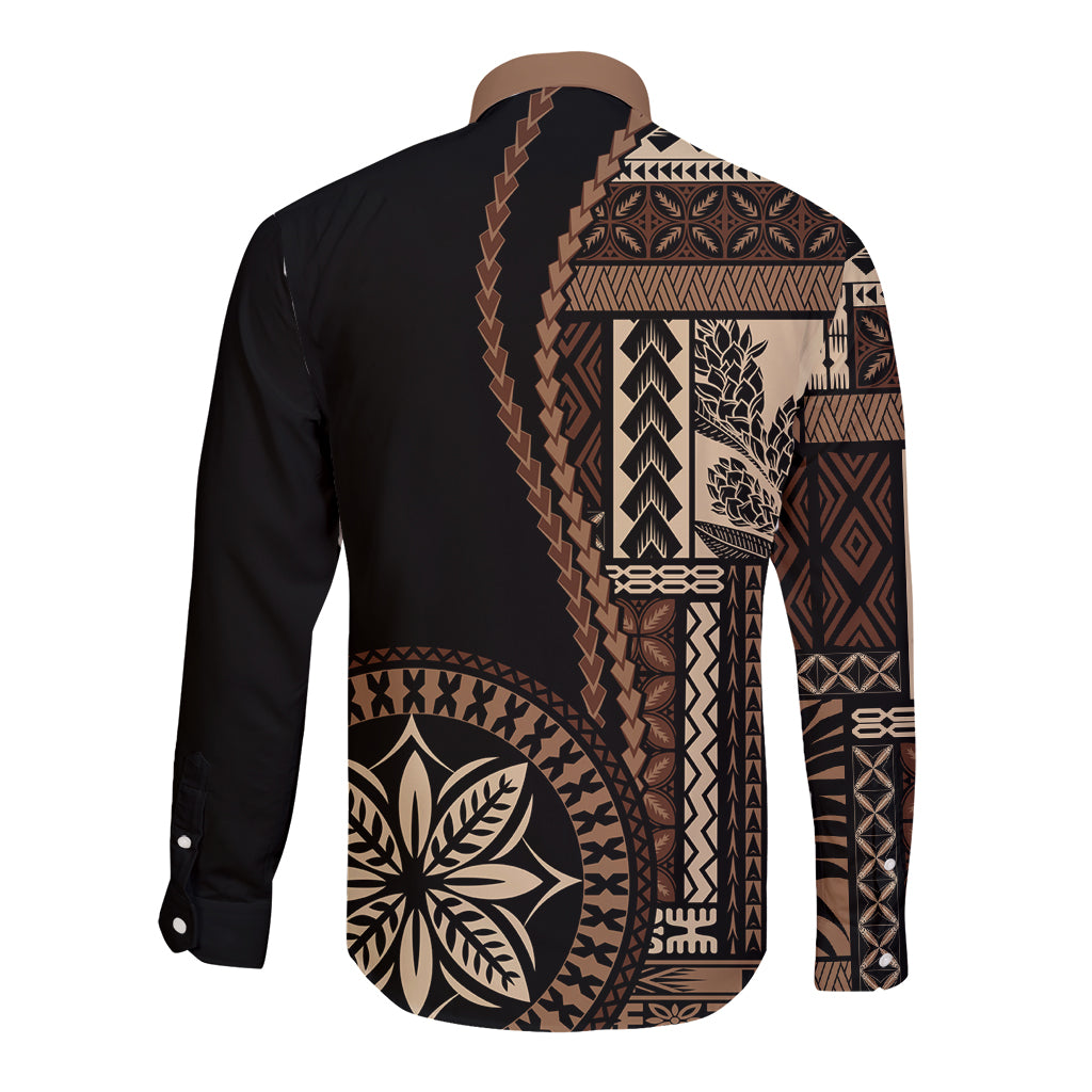 Black long-sleeve button shirt with full back Samoa siapo motif and leaf emblem