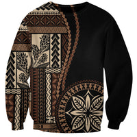 Black crewneck sweatshirt with Polynesian siapo motif panels on front and sleeves
