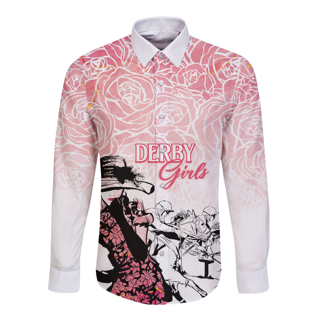 Girls pink long-sleeve button shirt with rose print and "DERBY Girls" design