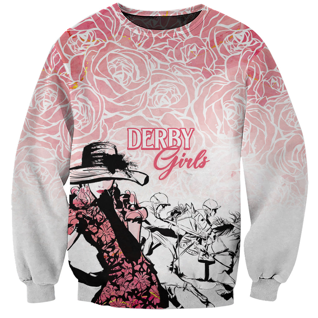 Pink unisex sweatshirt with 'DERBY Girls' text and derby graphic front