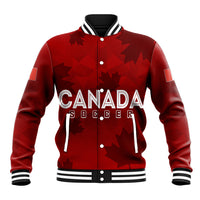 Red Canada soccer baseball jacket with snap front, ribbed collar and striped cuffs.