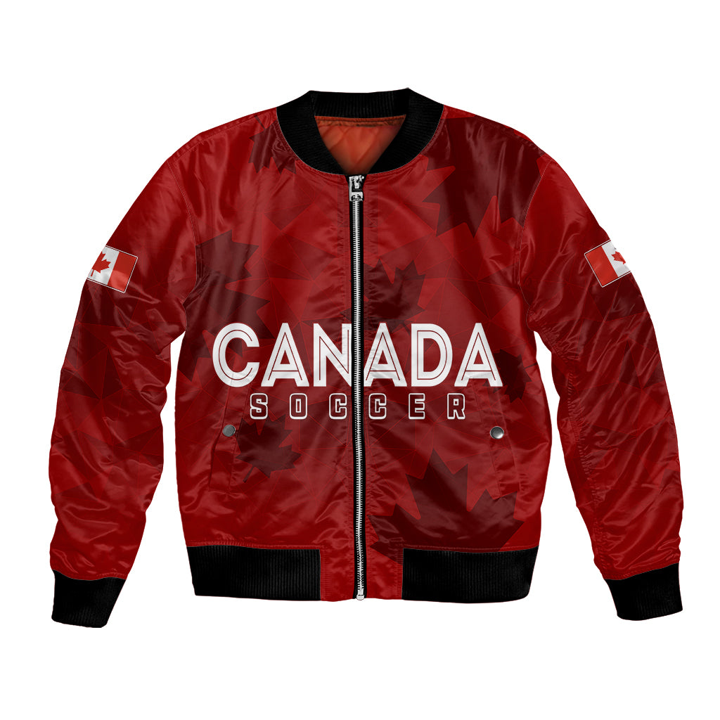 Red bomber jacket with Canada Soccer chest logo, front zipper, black ribbed cuffs/hem