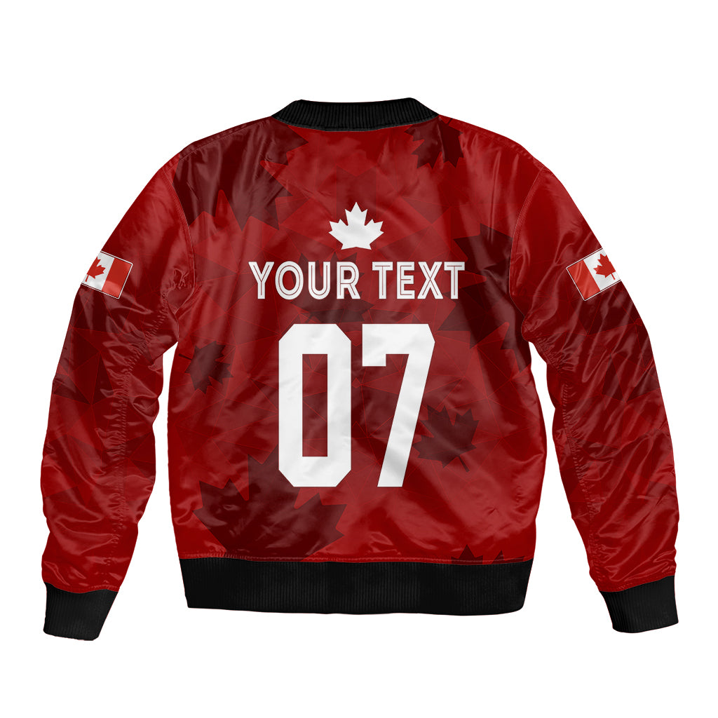 Red bomber jacket with maple leaf, Your Text and 07 print, front zipper, black ribbed hem