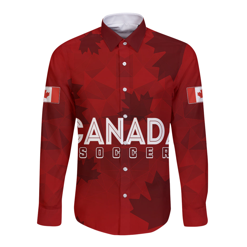 Red long-sleeve button shirt with Canada crest and maple leaf pattern, front view