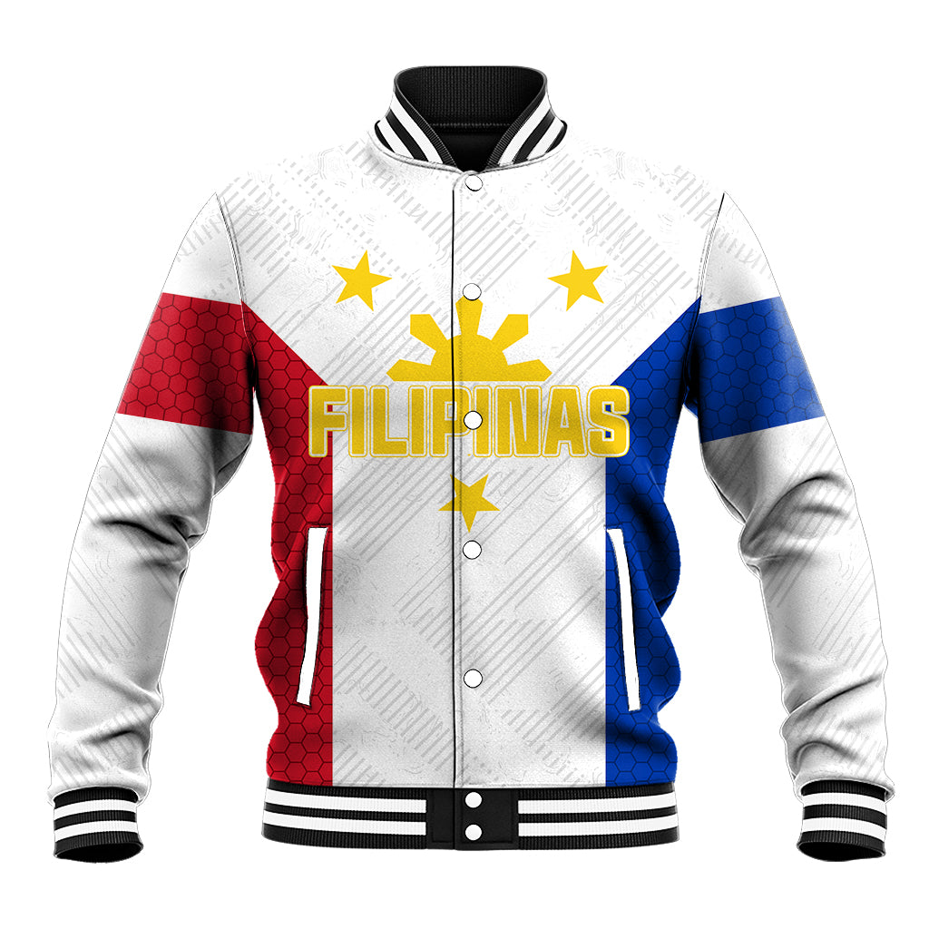 White baseball jacket with zip front, ribbed collar, and FILIPINAS flag graphic