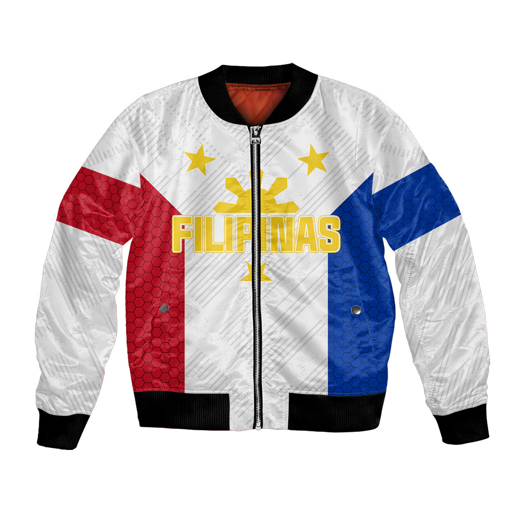 White Philippines football bomber jacket with FILIPINAS crest and star graphic, zip front