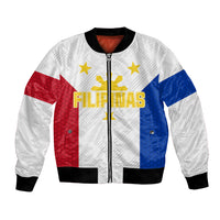 White Philippines football bomber jacket with FILIPINAS crest and star graphic, zip front