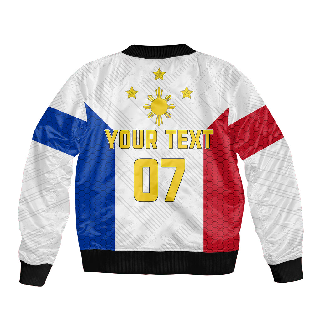 White bomber jacket with red and blue side panels, custom text 'YOUR TEXT' and 07, zip
