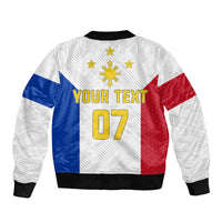 White bomber jacket with red and blue side panels, custom text 'YOUR TEXT' and 07, zip