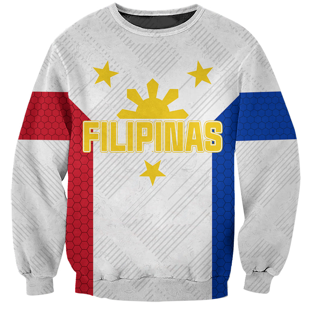 Women’s white football sweatshirt with Filipinas graphic, stars, red-blue side panels