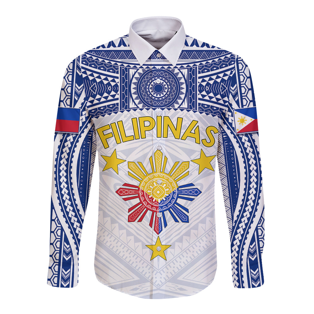 White long-sleeve button football shirt with blue tribal pattern, crest, 'FILIPINAS' print