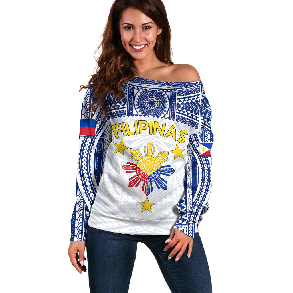 Personalised Philippines Football Off Shoulder Sweater Women's WC 2023 Filipinas Tribal Ver - Wonder Print Shop