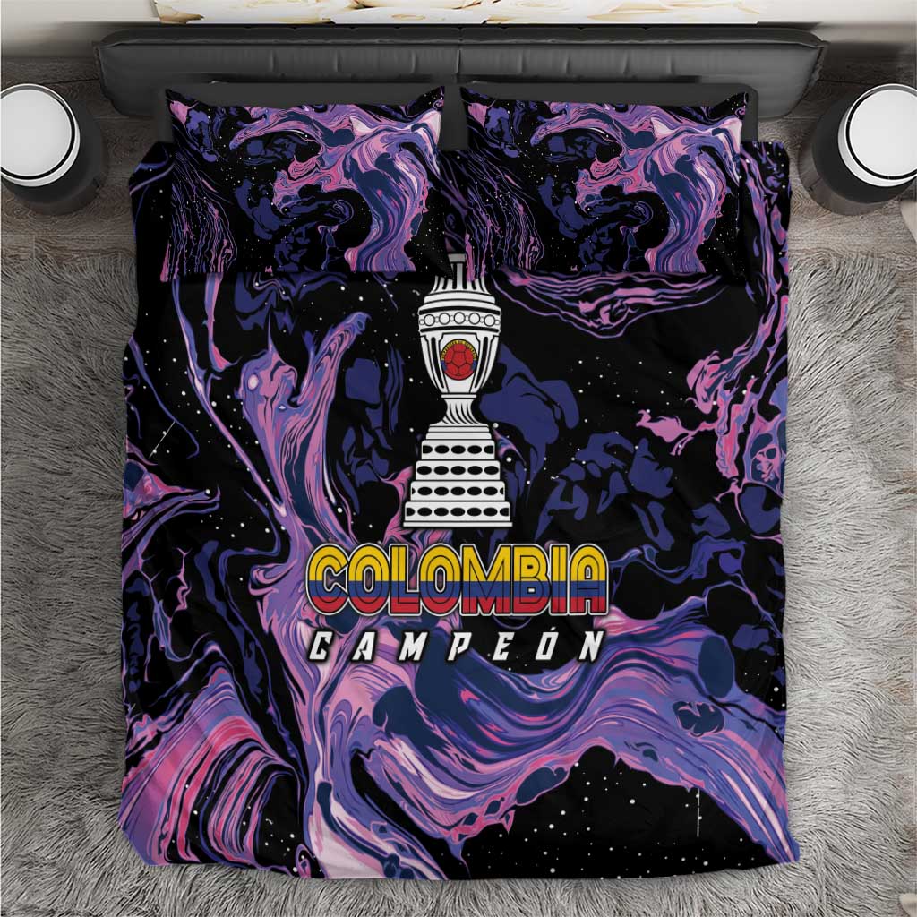 Colombia football bedding set with black abstract swirl print and trophy graphic