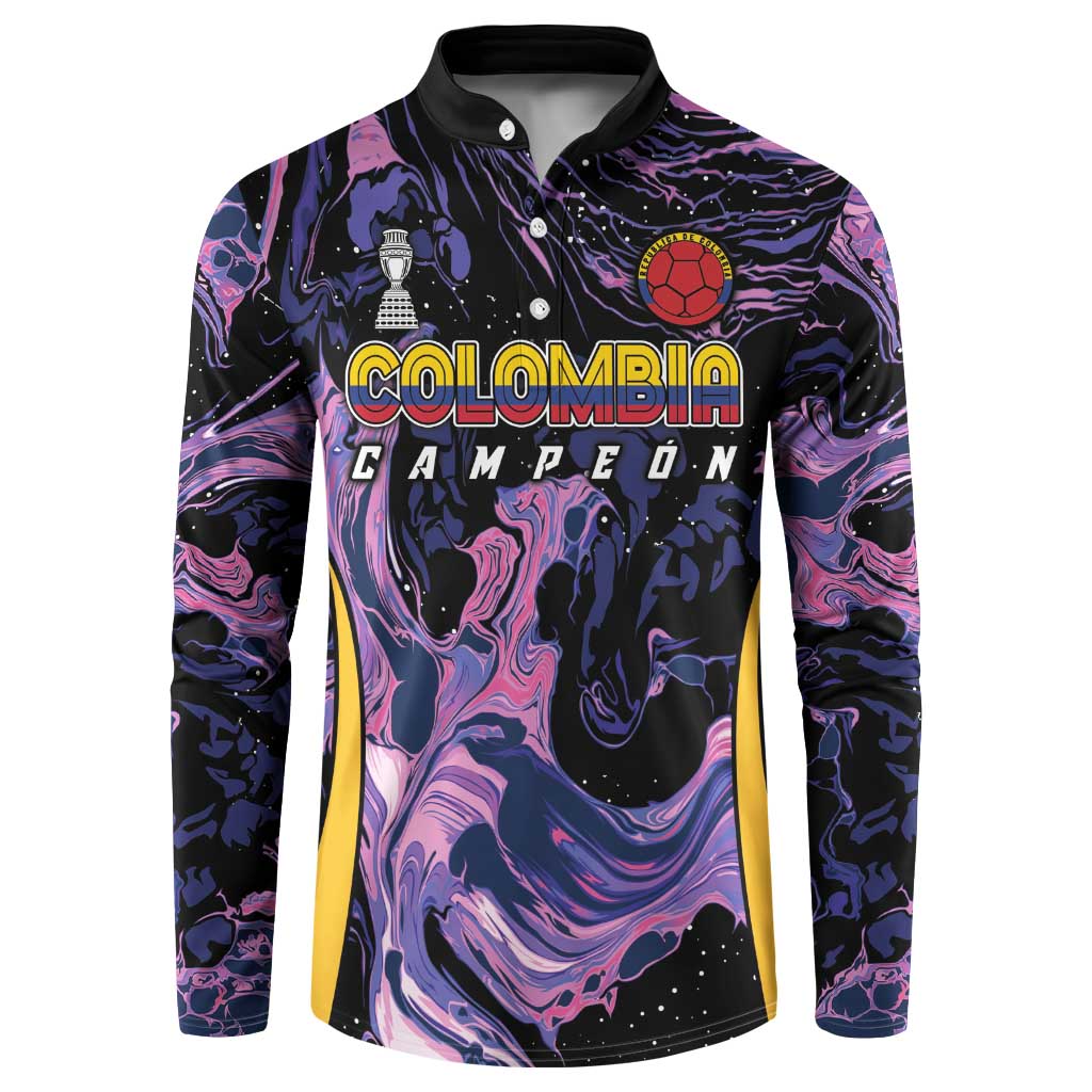 Men's football button sweatshirt with abstract purple/blue print and Colombia crest