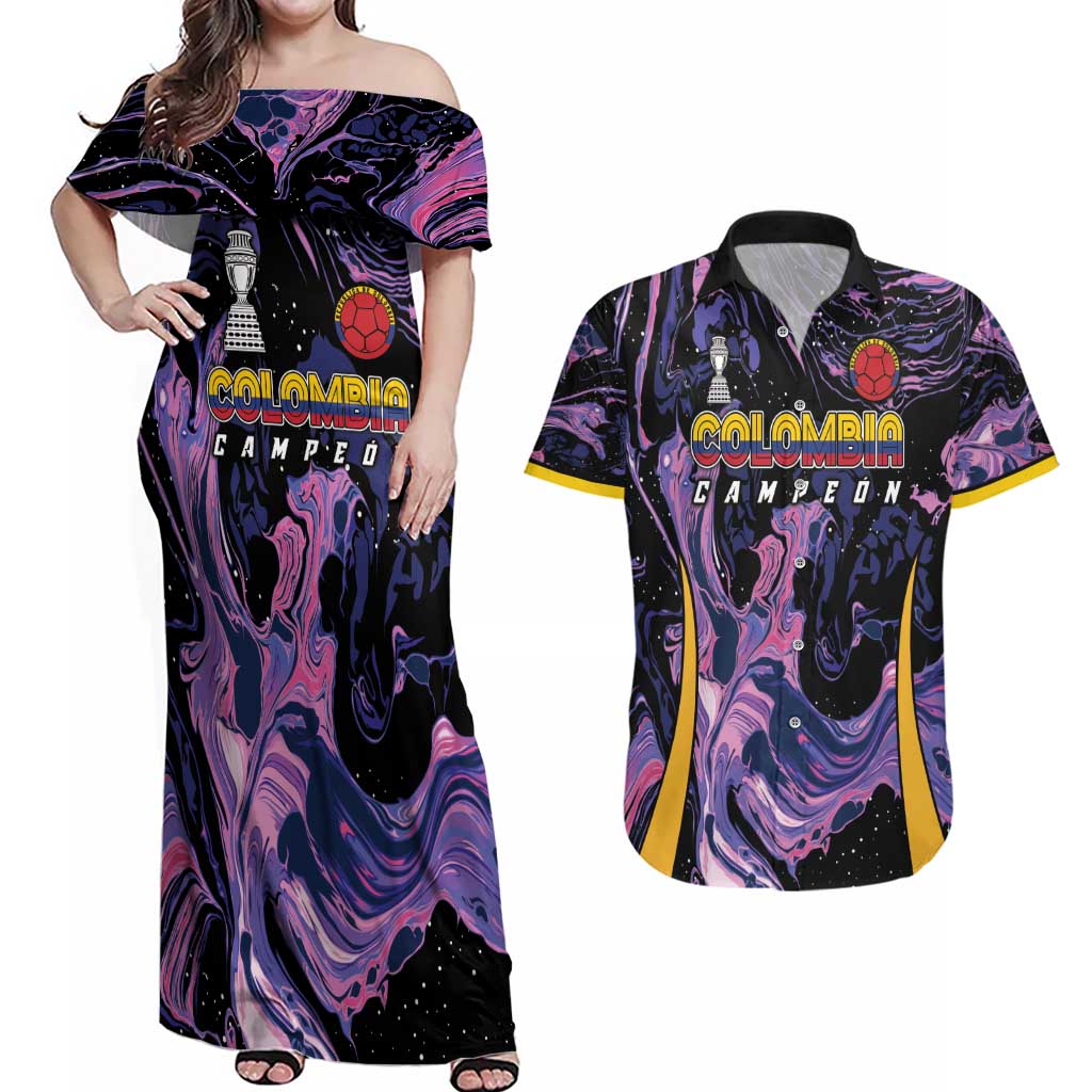 Colombia Football Custom Couples Matching Off Shoulder Maxi Dress and Hawaiian Shirt Cano Cristales Style - Todos Somos Campeon LT7 - Wonder Print Shop