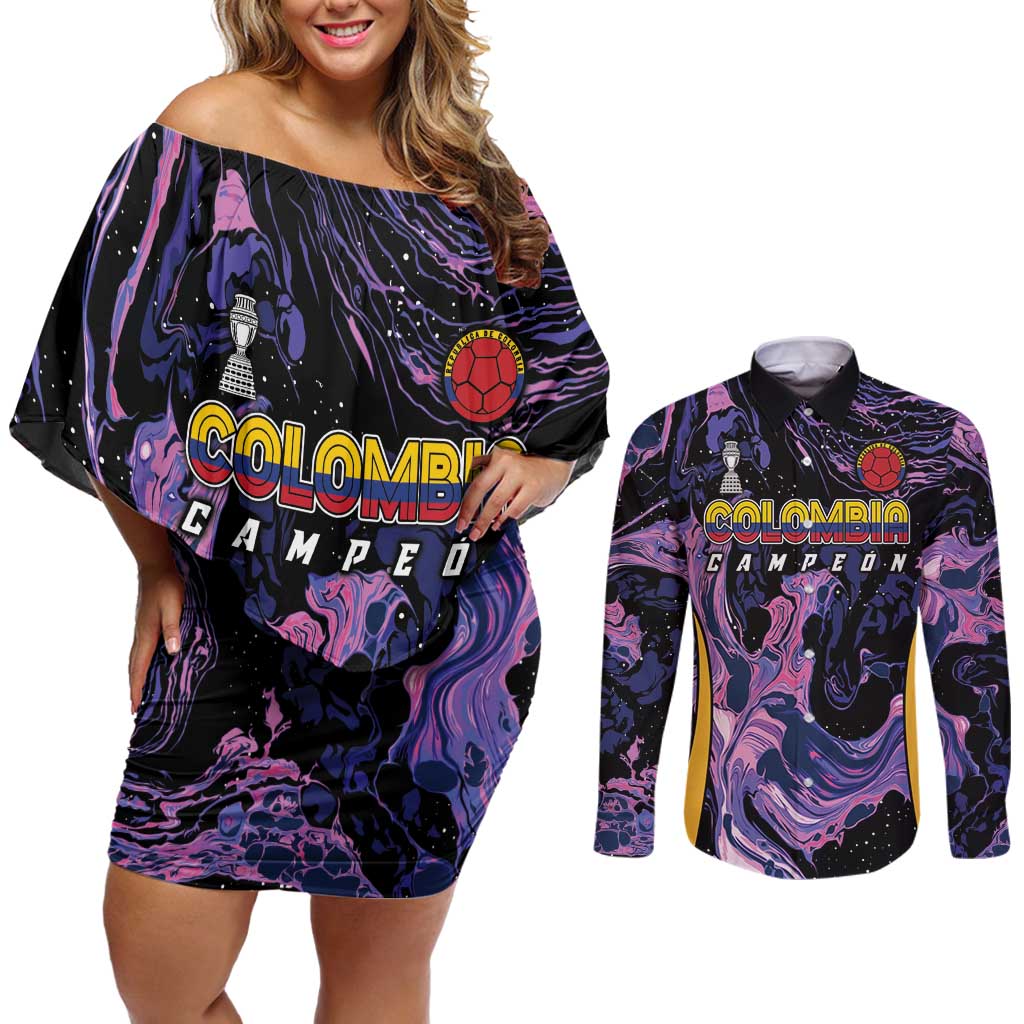 Colombia Football Custom Couples Matching Off Shoulder Short Dress and Long Sleeve Button Shirt Cano Cristales Style - Todos Somos Campeon LT7 - Wonder Print Shop