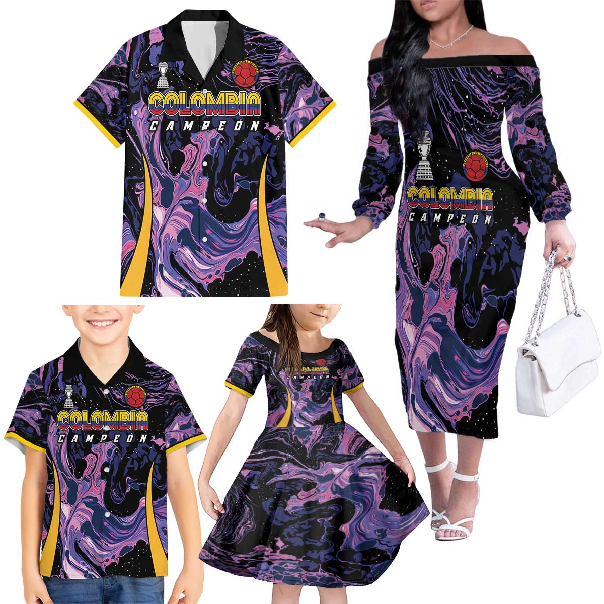 Colombia Football Custom Family Matching Off The Shoulder Long Sleeve Dress and Hawaiian Shirt Cano Cristales Style - Todos Somos Campeon - Wonder Print Shop