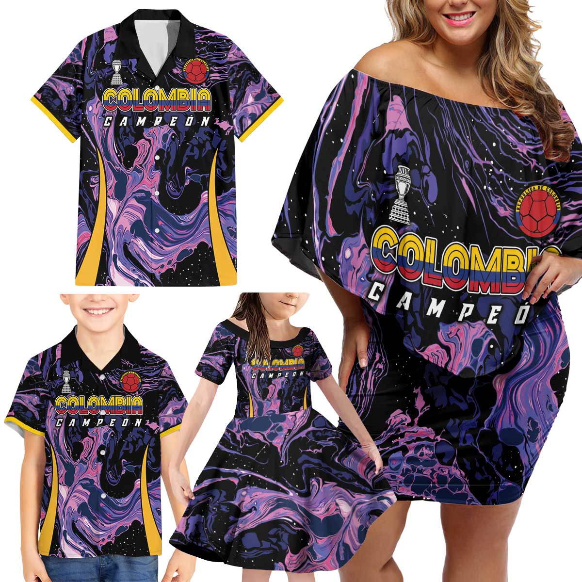 Colombia Football Custom Family Matching Off Shoulder Short Dress and Hawaiian Shirt Cano Cristales Style - Todos Somos Campeon LT7 - Wonder Print Shop