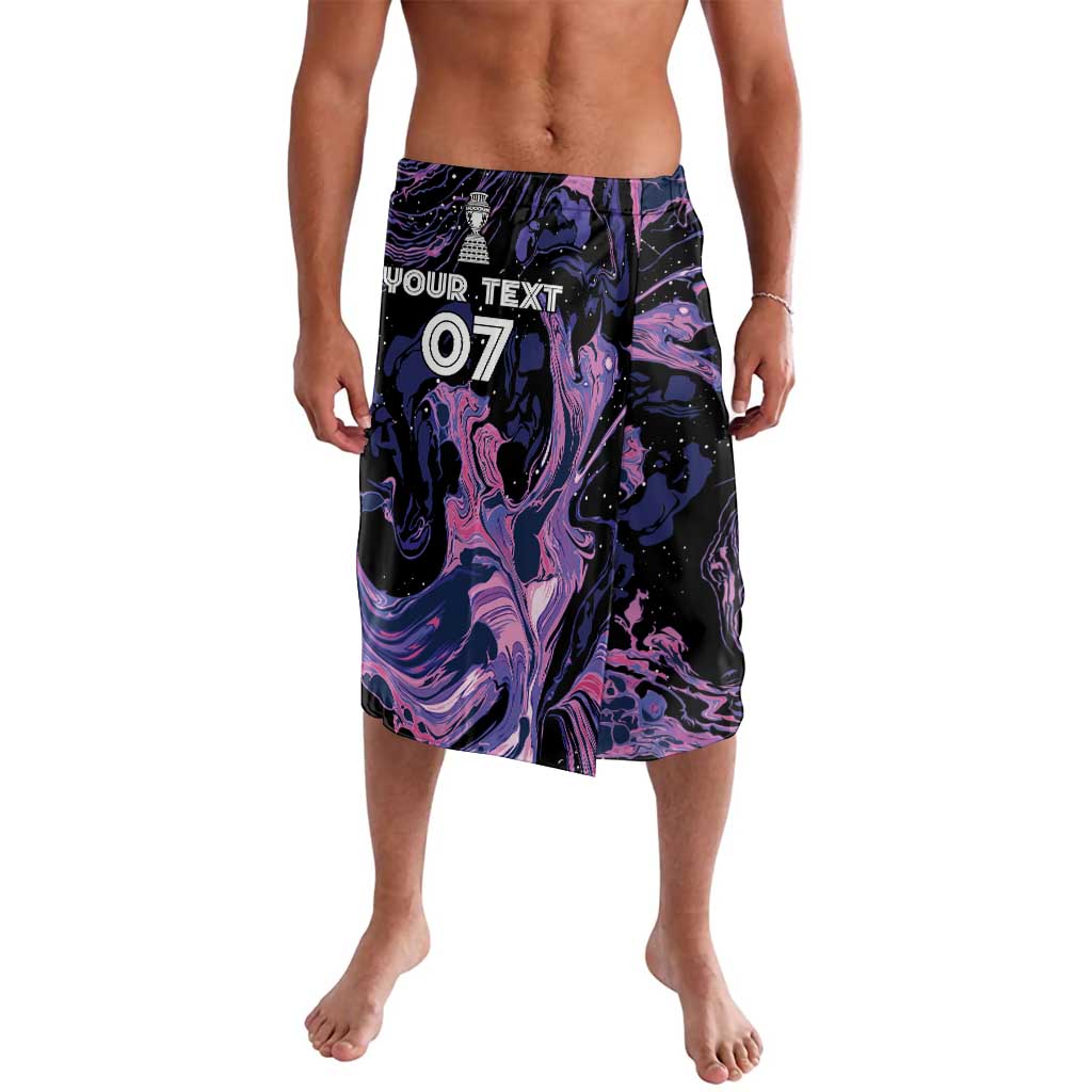 Black and purple printed football-style shorts, elastic waistband, side pockets