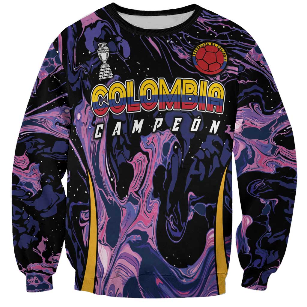 Unisex football sweatshirt, black with purple/pink graphic and soccer crest on chest