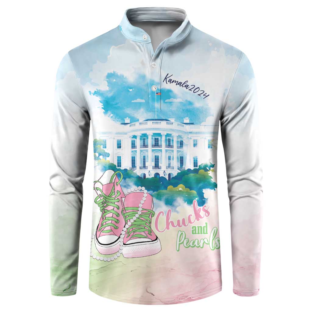 Long-sleeve button pullover with blue watercolor print, pink lettering, and green shoes