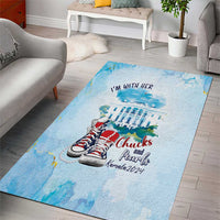 Rectangular blue area rug with Chucks shoes and 'I'm With Her' text design