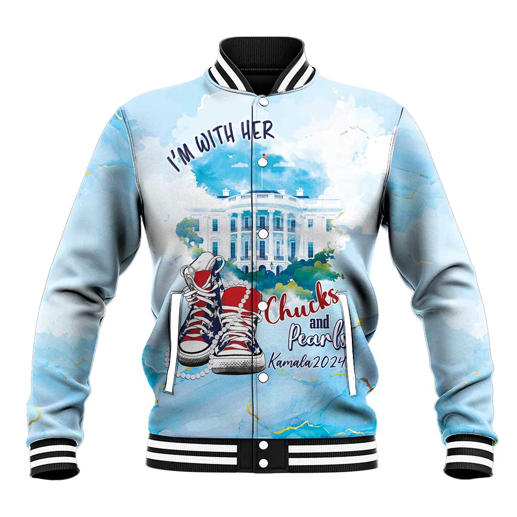 Light blue unisex baseball jacket with black ribbed collar, snap buttons, and front graphic