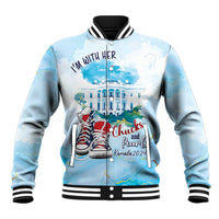 Light blue unisex baseball jacket with black ribbed collar, snap buttons, and front graphic