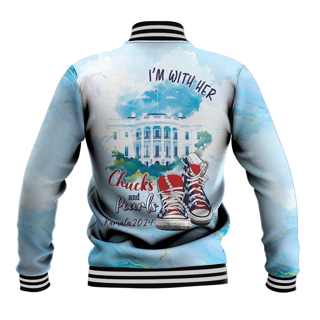 Light blue unisex baseball jacket with black striped cuffs and back graphic, snap front