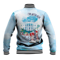 Light blue unisex baseball jacket with black striped cuffs and back graphic, snap front