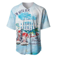 Light blue baseball jersey with central graphic, sneakers, and 'Chucks and Pearls' text