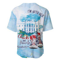 Light blue baseball jersey back with 'I'm With Her' and building, sneakers graphic