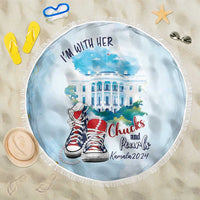 Light blue round beach blanket with fringe edge, White House and sneaker print