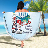 Light blue beach blanket with fringe edge, 'Chucks and Pearls' graphic with sneakers