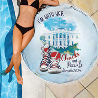 Light blue round beach blanket with fringe edge and 'I'm With Her' graphic