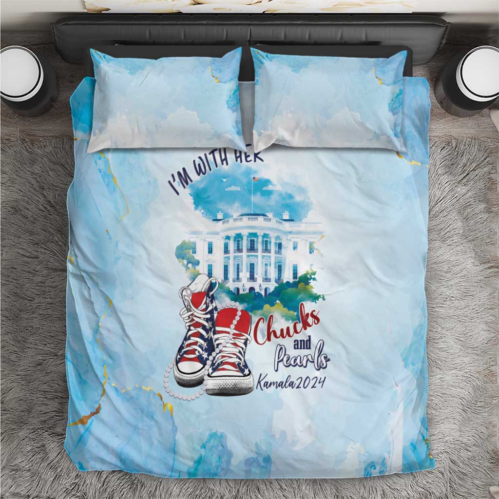 Blue bedding set with duvet and pillows featuring Chucks and Pearls sneakers artwork