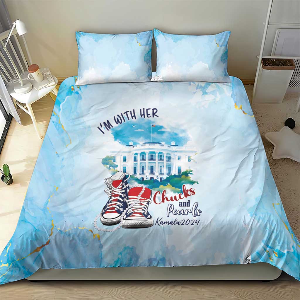 Blue bedding set with “I'm with her” quote and building artwork on the duvet