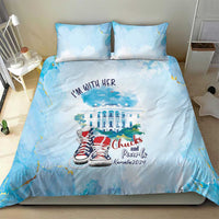 Blue bedding set with “I'm with her” quote and building artwork on the duvet