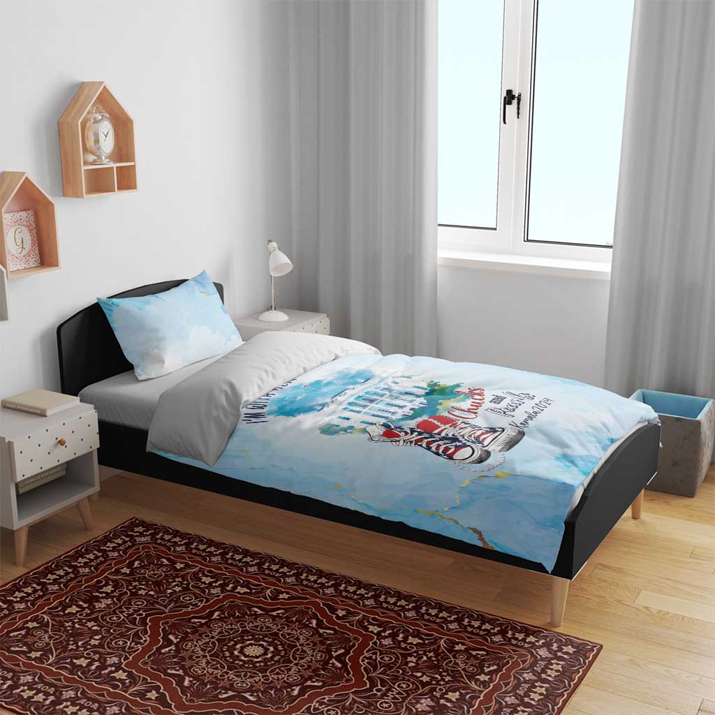 Blue watercolor bedding set with “I'm with her” text and Chucks and Pearls graphic