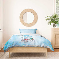 Blue bedding set with “I'm with her” quote and Chucks and Pearls on the duvet