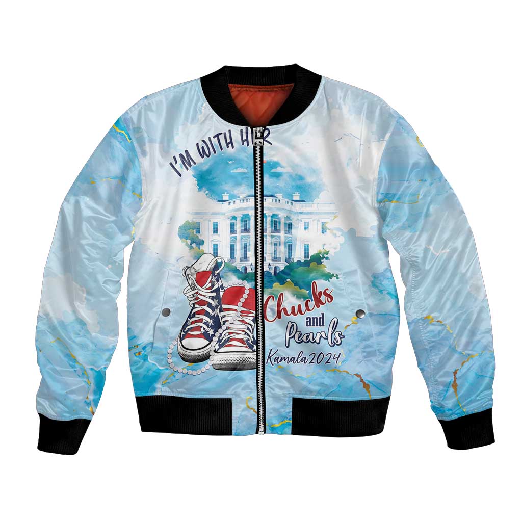 Unisex light-blue bomber jacket with front zipper, sneakers graphic and patch text