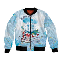 Unisex light-blue bomber jacket with front zipper, sneakers graphic and patch text